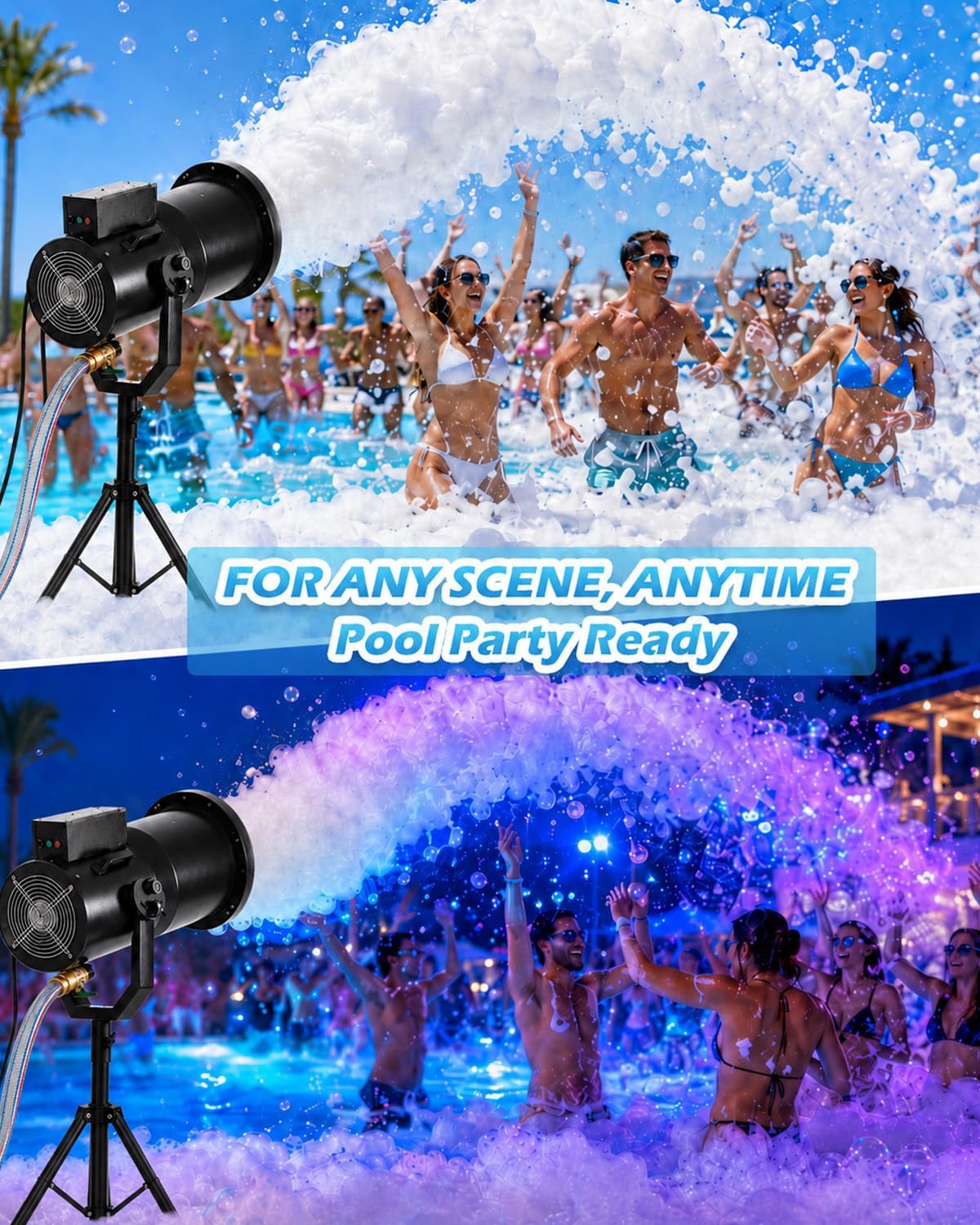 Foam cannon at a pool party, day and night