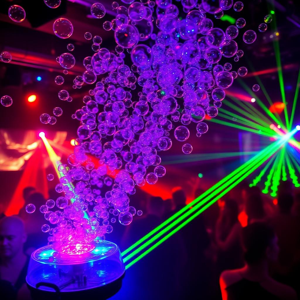 Bubble machine with RGB LED lights filling a nightclub with vibrant colored bubbles