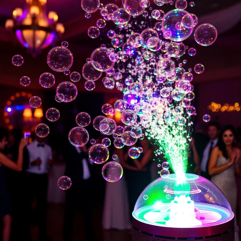 Bubble machine with RGB LED lights creating colorful glowing bubbles at a wedding