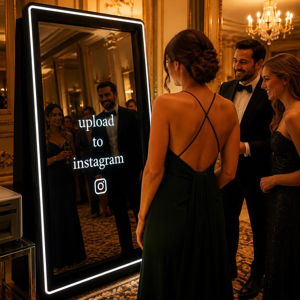 Elegantly dressed guests posing at the Magic Mirror photo booth