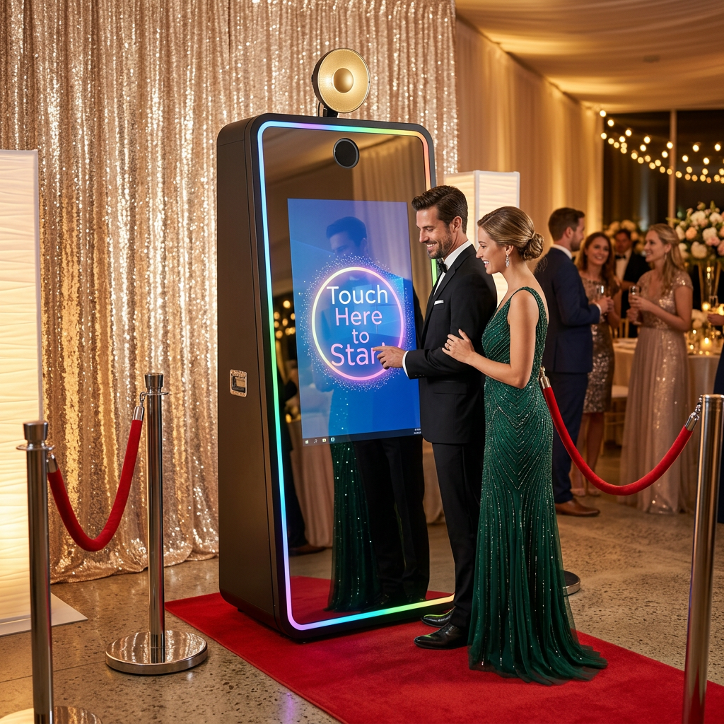 Couple in formal attire using the Magic Mirror photo booth